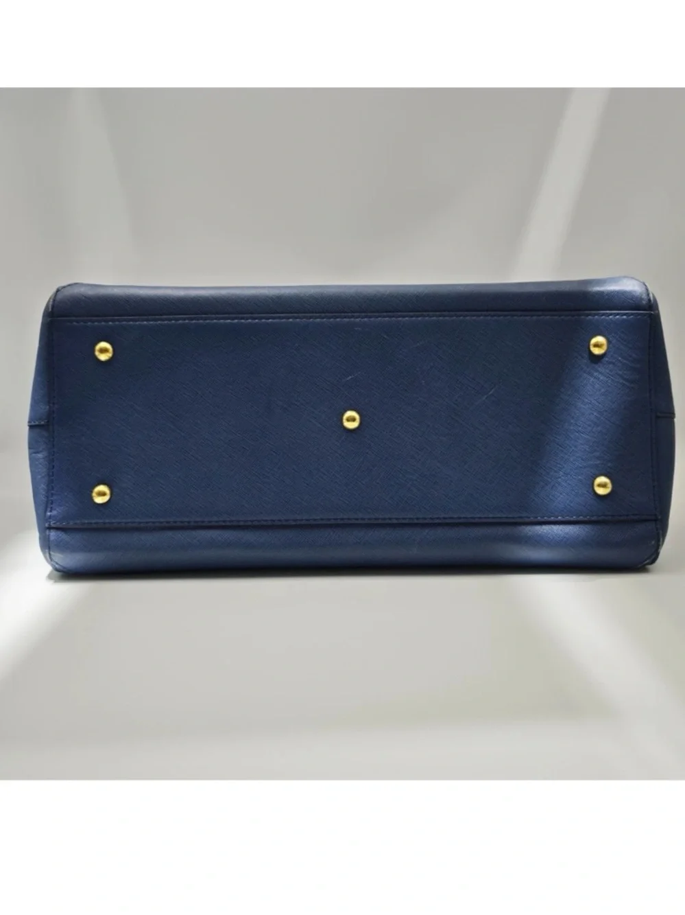 MCM Blue Leather Structured Top-Handle Satchel with Gold Hardware